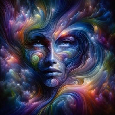 The primary subject of the image is a woman's face, which is the main focus of the image. The setting is a colorful, abstract background that adds a vibrant and artistic touch to the scene. The visual style is a combination of digital art and illustration, creating a unique and eye-catching representation of the woman's face. The colors and mood of the image are predominantly bright and lively, with a sense of creativity and imagination.